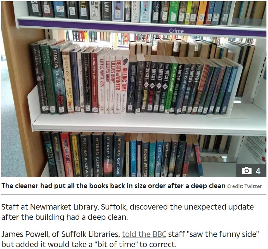 見事に背の順に並べられてしまった本（画像は『The Sun　2020年4月25日付「BOOKING HELL Library staff nightmare after cleaner rearranges books by size during lockdown」（Credit: Twitter）』のスクリーンショット）
