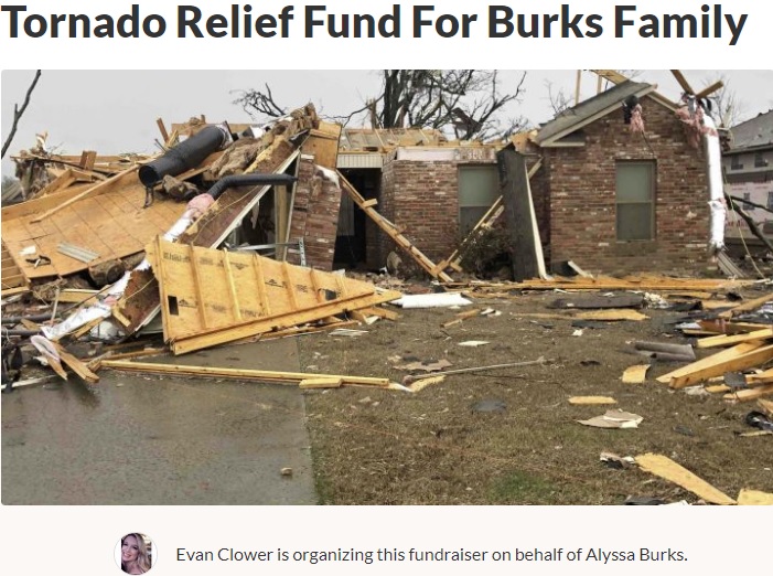 竜巻で破壊されたジャレドさん一家の住居（画像は『GoFundMe　2020年3月28日付「Tornado Relief Fund For Burks Family」』のスクリーンショット）