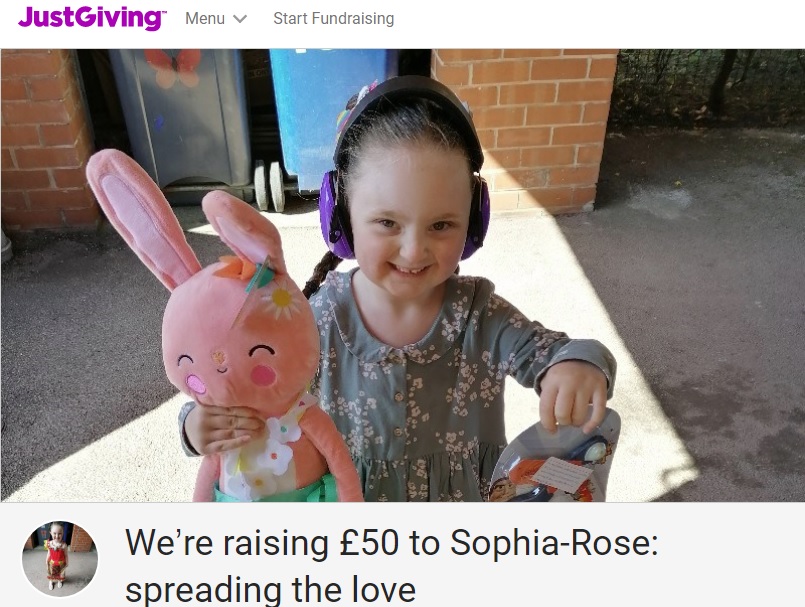 1103袋のギフトバッグを届けた5歳児（画像は『JustGiving　2020年4月29日付「We’re raising ￡50 to Sophia-Rose: spreading the love」』のスクリーンショット）