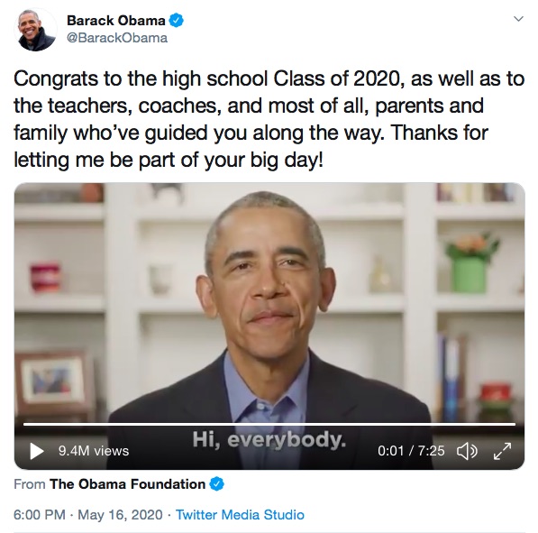 卒業生に熱く語りかけたバラク・オバマ氏（画像は『Barack Obama　2020年5月16日付Twitter「Congrats to the high school Class of 2020, as well as to the teachers, coaches, and most of all, parents and family who’ve guided you along the way.」』のスクリーンショット）