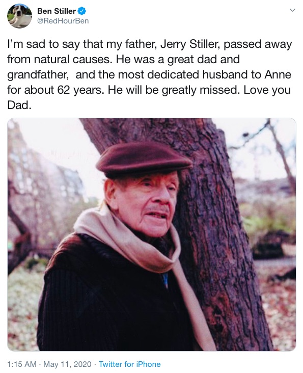父の逝去を公表したベン・スティラー（画像は『Ben Stiller　2020年5月11日付Twitter「I’m sad to say that my father, Jerry Stiller, passed away from natural causes.」』のスクリーンショット）