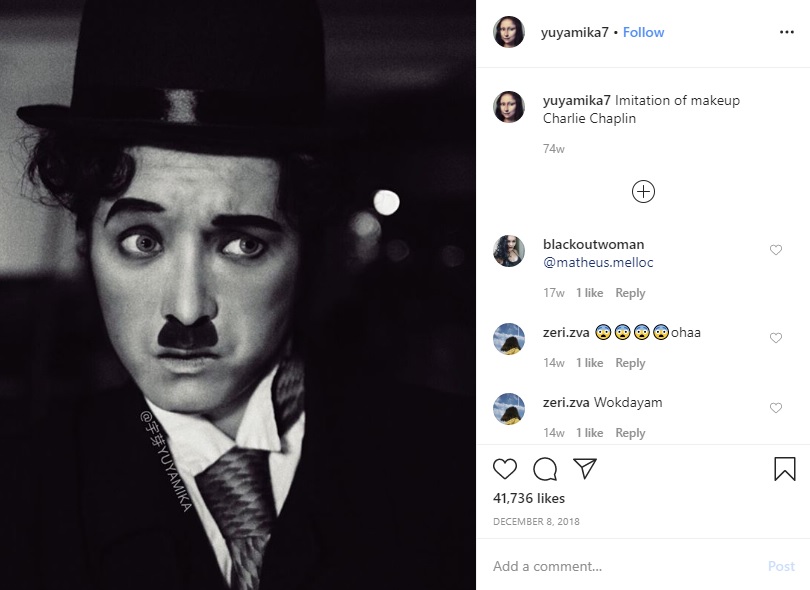 喜劇王チャールズ・チャップリン（画像は『YUYAMIKA宇芽　2018年12月8日付Instagram「Imitation of makeup Charlie Chaplin」』のスクリーンショット）