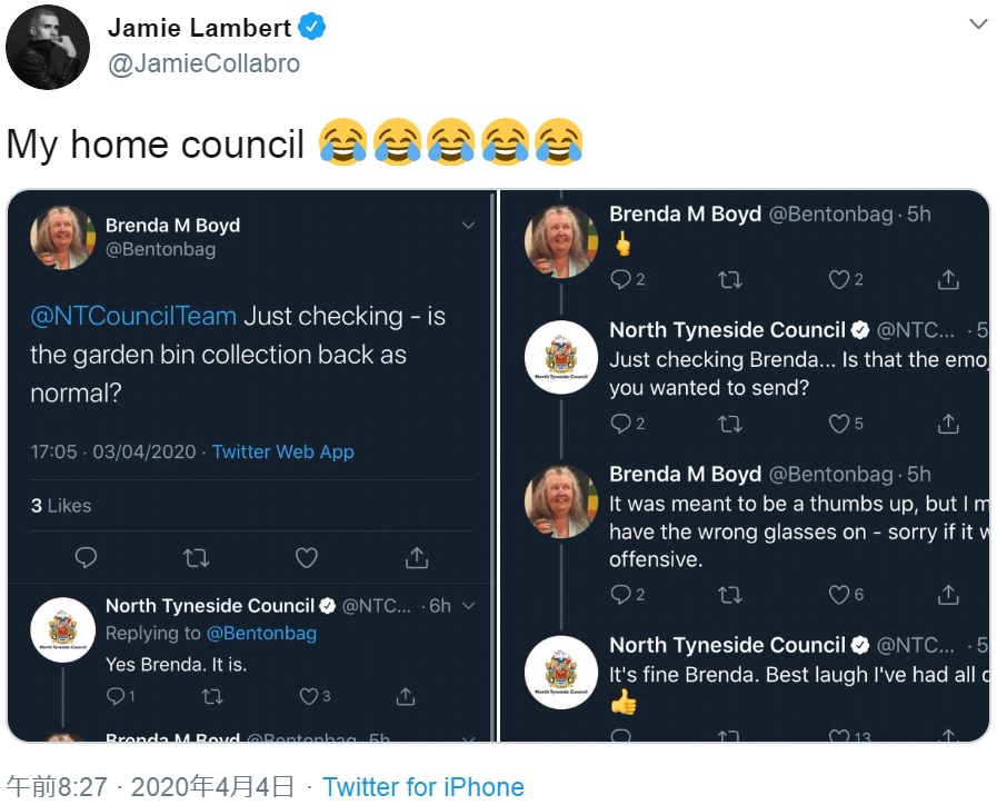 「いいね」を表すサムズアップの絵文字を送ったつもりが…（画像は『Jamie Lambert　2020年4月4日付Twitter「My home council」』のスクリーンショット）