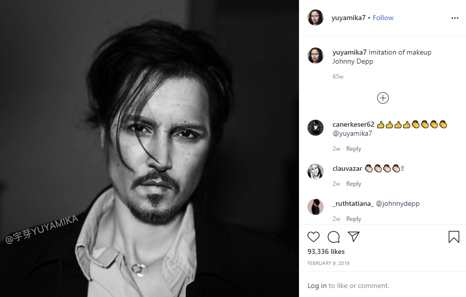 まるで本物のようなジョニー・デップ（画像は『YUYAMIKA宇芽　2019年2月9日付Instagram「Imitation of makeup Johnny Depp」』のスクリーンショット）