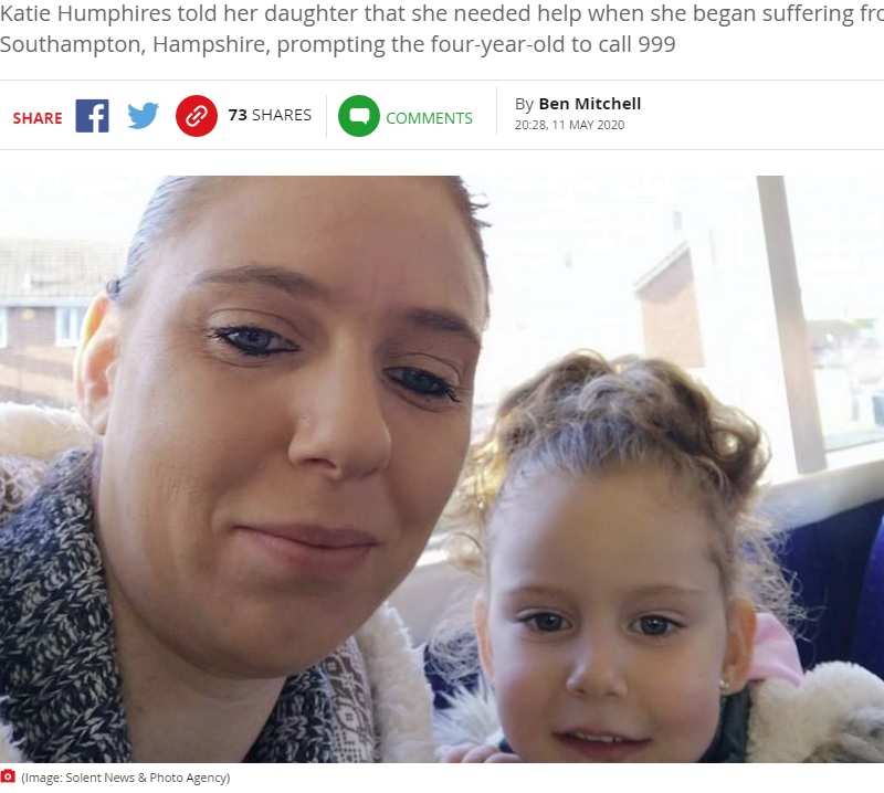 喘息の発作を起こした女性と緊急コールをした4歳の娘（画像は『Mirror　2020年5月11日付「Girl, 4, saves mum’s life by telling 999 operator ‘mummy can’t breathe’」（Image: Solent News ＆ Photo Agency）』のスクリーンショット）