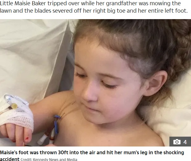 芝刈り機に巻き込まれた5歳女児（画像は『The Sun　2020年5月20日付「GARDEN BLOODBATH Five-year-old girl’s foot chopped off and thrown 30ft in air after falling in front of lawnmower ridden by grandad」（Credit: Kennedy News and Media）