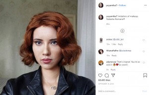 スカーレット・ヨハンソンが演じた『ブラック・ウィドウ』ことナターシャ・ロマノフ（画像は『YUYAMIKA宇芽　2018年9月16日付Instagram「Imitation of makeup Natasha Romanoff」』のスクリーンショット）