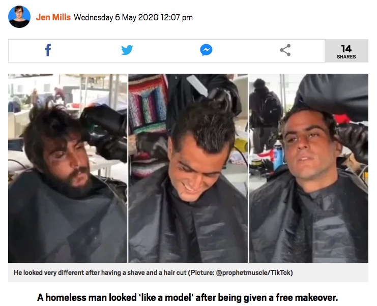 ボランティアによるヘアカットでホームレスがイケメンに（画像は『Metro　2020年5月6日付「Homeless man ‘looks like a model’ after free makeover」（Picture: ＠prophetmuscle/TikTok）』のスクリーンショット）