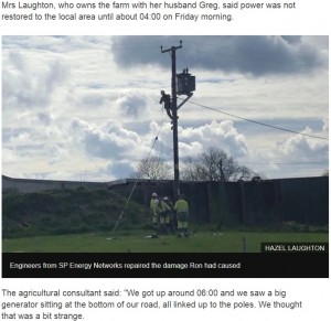 復旧のため全力を注ぐ電力会社の作業員（画像は『BBC　2020年5月8日付「Bull’s bid to scratch ‘itchy bum’ cuts off power to 800 homes」（HAZEL LAUGHTON）』のスクリーンショット）