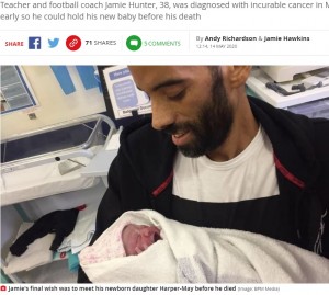 【海外発！Breaking News】末期がんの男性　パートナーが出産を2週間早め、亡くなる2日前に娘を抱きしめる（英）
