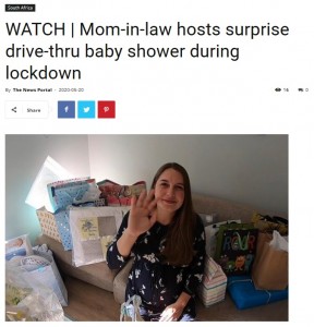 ベビーシャワーを終えて幸せいっぱいのサシャさん（画像は『The News Portal　2020年5月20日付「WATCH | Mom-in-law hosts surprise drive-thru baby shower during lockdown」』のスクリーンショット）