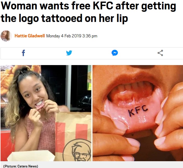 唇にKFCのタトゥーを彫った女性（画像は『Metro　2019年2月4日付「Woman wants free KFC after getting the logo tattooed on her lip」（Picture: Caters News）』のスクリーンショット）