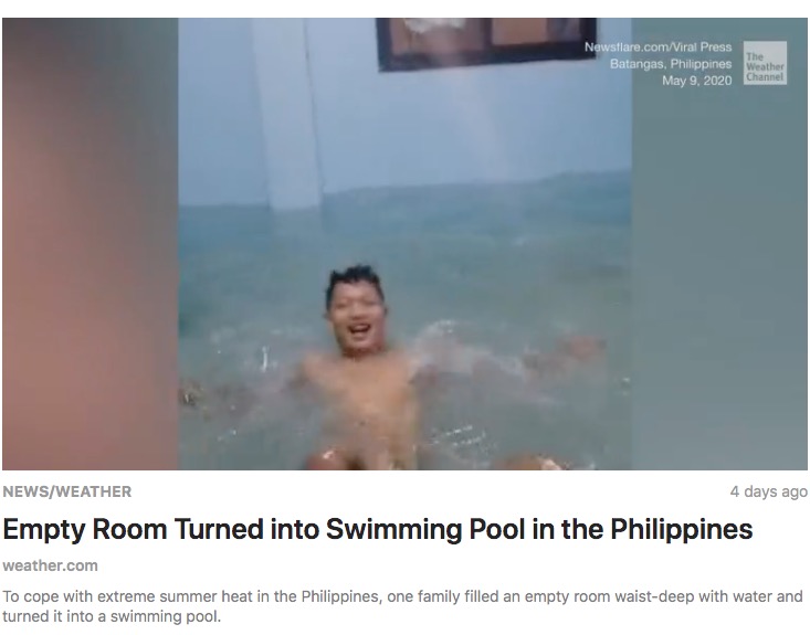 部屋に大量の水を入れてプールに！（画像は『The Weather Channel　2020年5月13日付「Empty Room Turned into Swimming Pool in the Philippines」』のスクリーンショット）