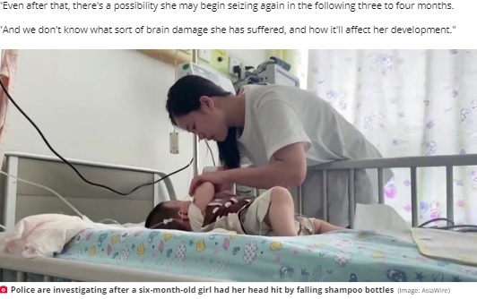 入院中の女児と母親（画像は『Daily Star　2020年5月15日付「Baby left with deformed head after shampoo bottles fall from high-rise and hit her」（Image: AsiaWire）』のスクリーンショット）