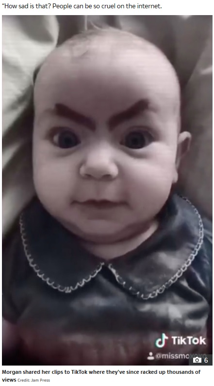 極太まゆ毛のレイトン・メイちゃん（画像は『The Irish Sun　2020年5月21日付「EYE SAY ‘Harsh’ mum slammed for drawing huge eyebrows on her baby daughter then sharing her ‘mini makeover’ on TikTok」（Credit: Jam Press）』のスクリーンショット）