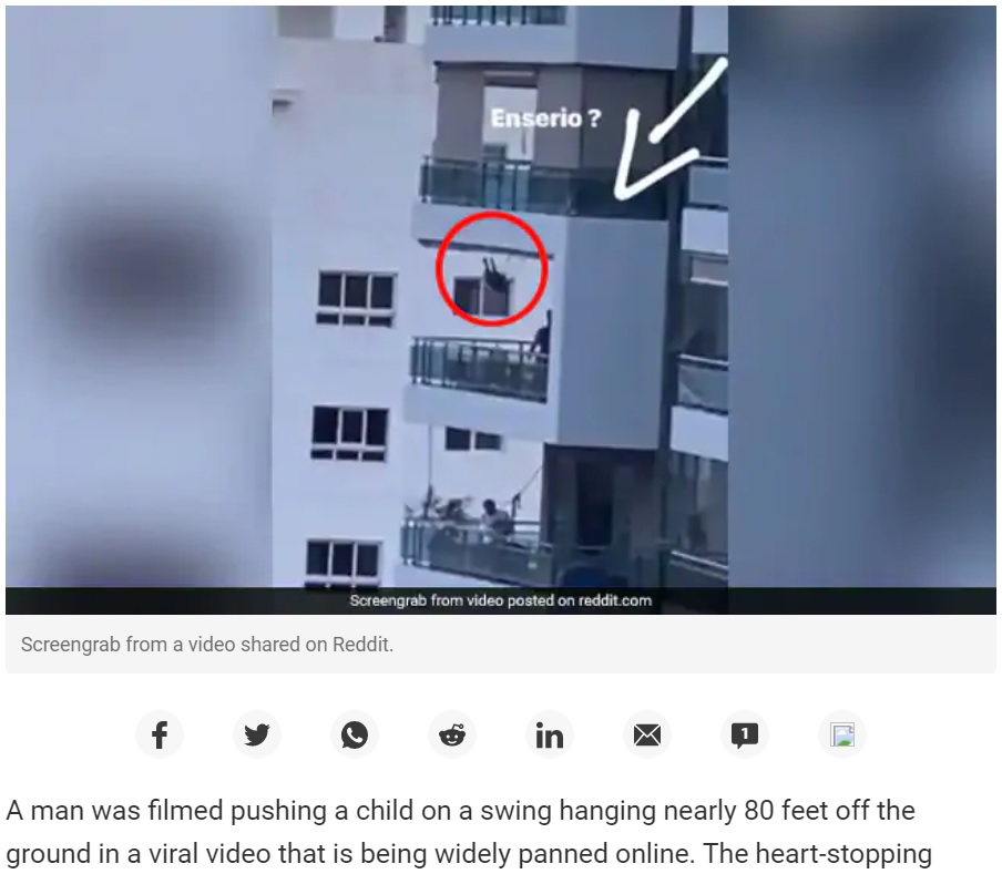 地上約24メートルのベランダでブランコ遊び！（画像は『NDTV　2020年5月20日付「“Terrifying” Video Shows Dad Pushing Child On 8th Floor Balcony Swing」（Screengrab from a video shared on Reddit.）』のスクリーンショット）