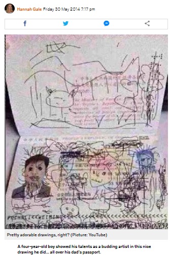 4歳児がいたずら書きをした父親のパスポート（画像は『Metro.co.uk　2014年5月30日付「Child draws all over dad’s passport, dad gets stuck in South Korea﻿﻿」（Picture: YouTube）』のスクリーンショット）