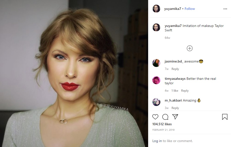 メイクでテイラー・スウィフトに変身した中国在住の女性（画像は『YUYAMIKA宇芽　2019年2月21日付Instagram「Imitation of makeup Taylor Swift」』のスクリーンショット）