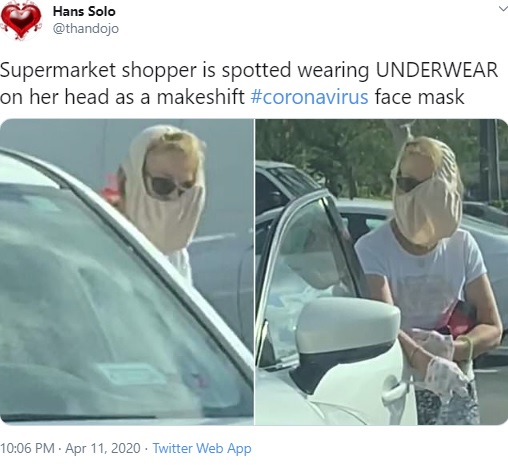 下着をマスク代わりにする女性（画像は『Hans Solo　2020年4月11日付Twitter「Supermarket shopper is spotted wearing UNDERWEAR on her head as a makeshift ＃coronavirus face mask」』のスクリーンショット）