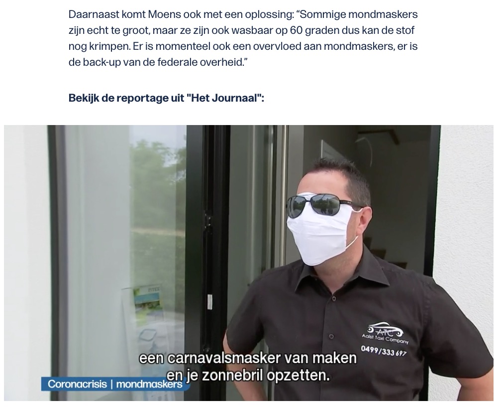 顔が隠れるほど大きなマスク（画像は『VRT.be　2020年6月16日付「Ontevredenheid over te grote mondmaskers van provincie Oost-Vlaanderen: provincie onderzoekt groepsaankoop」』のスクリーンショット）