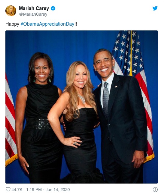 トランプ大統領の誕生日は「オバマ感謝デー」とディスったマライア・キャリー（画像は『Mariah Carey　2020年6月14日付Twitter「Happy ＃ObamaAppreciationDay!!」』のスクリーンショット）