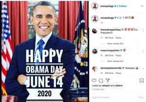 スヌープ・ドッグもオバマ前大統領を懐かしむ（画像は『snoopdogg　2020年6月14日付Instagram「F. D. T.」』のスクリーンショット）