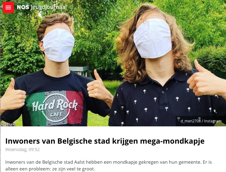 配布された大きすぎるマスク（画像は『NOS Jeugdjournaal　2020年6月17日付「Inwoners van Belgische stad krijgen mega-mondkapje」（d_men2708 / Instagram）』のスクリーンショット）