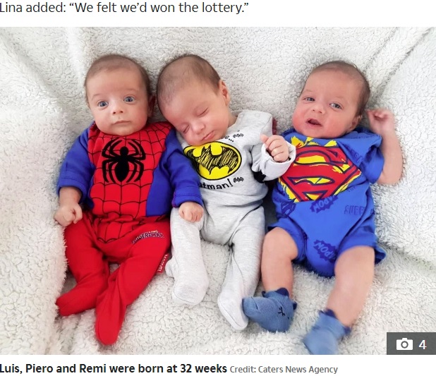 三つ子のルイス君、ピエーロ君、レミ君（画像は『The Sun　2020年6月9日付「THRICE AS NICE ‘Infertile’ couple set for IVF become parents naturally… to identical TRIPLETS」（Credit: Caters News Agency）』のスクリーンショット）