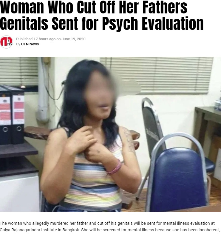 警察で取り調べを受けるブンヤダ（画像は『Chiang Rai Times　2020年6月19日付「Woman Who Cut Off Her Fathers Genitals Sent for Psych Evaluation」』のスクリーンショット）
