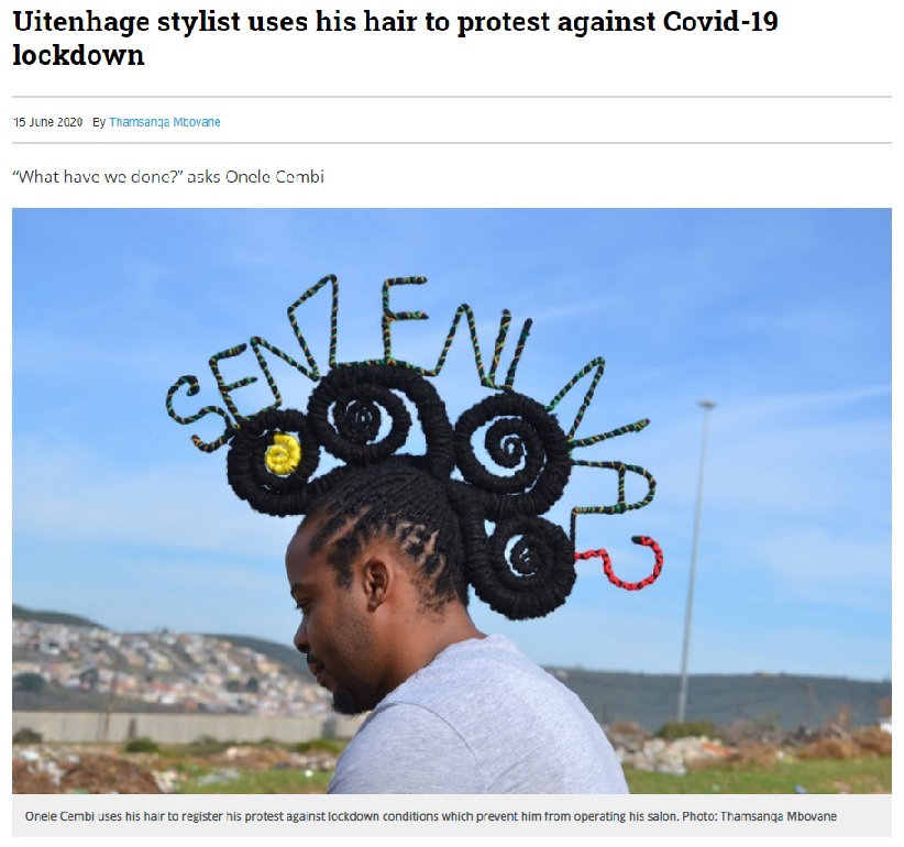 髪で“心の叫び”を表現した美容師（画像は『GroundUp　2020年6月15日付「Uitenhage stylist uses his hair to protest against Covid-19 lockdown」（Photo: Thamsanqa Mbovane）』のスクリーンショット）