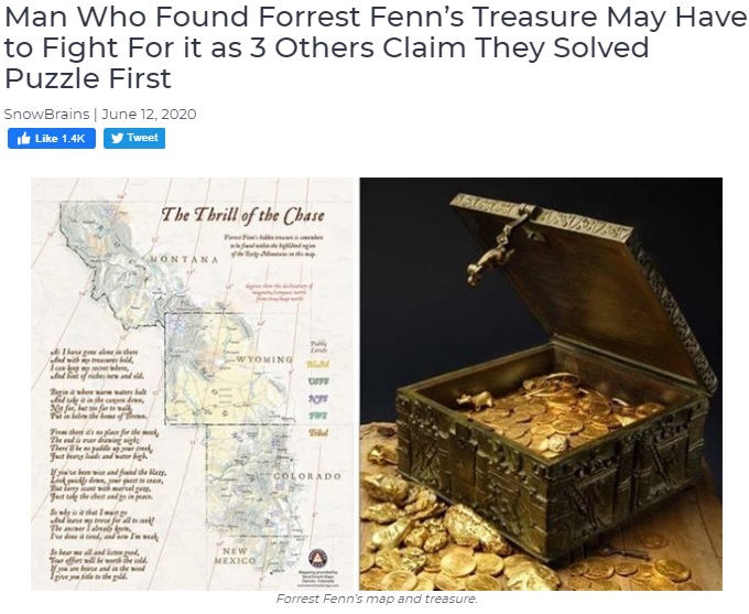 宝の在処を示した24行の詩とヒントの地図（画像は『SnowBrains　2020年6月12日付「Man Who Found Forrest Fenn’s Treasure May Have to Fight For it as 3 Others Claim They Solved Puzzle First」』のスクリーンショット）