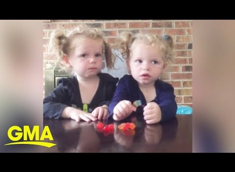 フルーツスナックチャレンジに挑戦した2歳の双子（画像は『Good Morning America　2020年5月27日公開 YouTube「Mom of twins tries out the fruit snack challenge l GMA Digital」』のサムネイル）