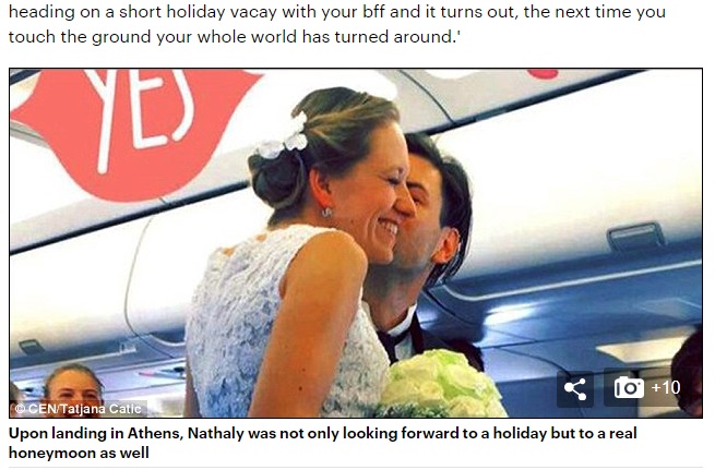 幸せいっぱいのユルゲンさんとナタリーさん（画像は『Daily Mail Online　2016年8月5日付「Couple marry at 35,000 feet after boyfriend’s mid-flight proposal turns into a surprise WEDDING（and he even has a dress ready）」』のスクリーンショット）