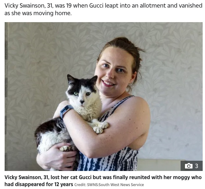 12年ぶりに飼い主と再会した猫（画像は『The Sun　2020年6月30日付「CAT REAPPURRS Woman stunned after being reunited with her missing cat Gucci – 12 YEARS after he vanished」（Credit: SWNS:South West News Service）』のスクリーンショット）