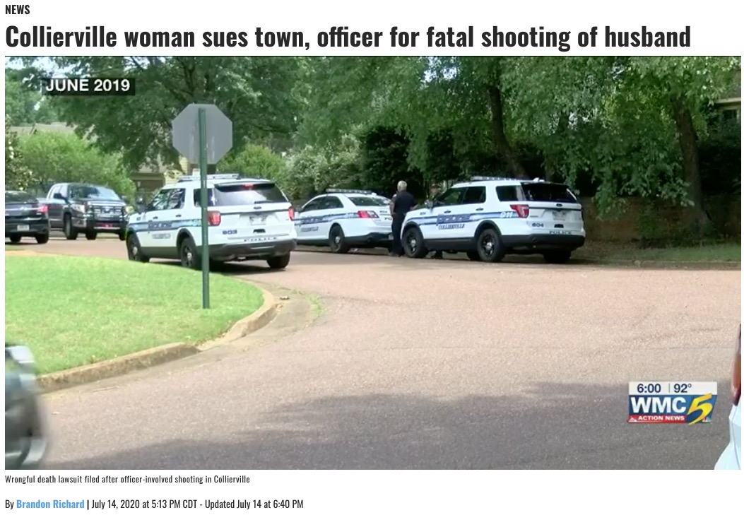 助けを求めた妻の目の前で夫が射殺される（画像は『WMC Action News 5　2020年7月14日付「Collierville woman sues town, officer for fatal shooting of husband」』のスクリーンショット）