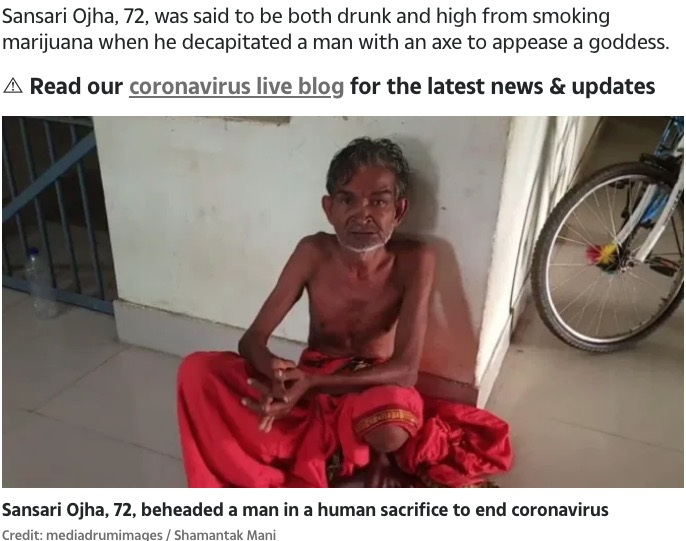 生贄として男性を斬首した僧侶（画像は『The Sun　2020年5月30日付「HUMAN SACRIFICE Hindu priest beheads man in human sacrifice at Indian temple in a bid to end coronavirus」（Credit: mediadrumimages / Shamantak Mani）』のスクリーンショット）