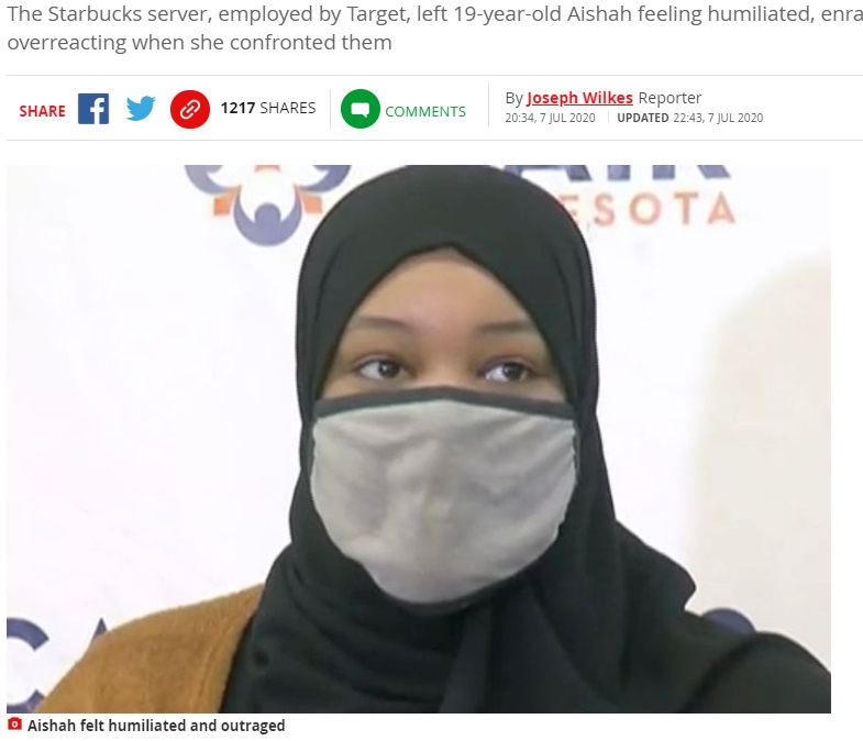 スターバックスで差別を受けたと主張する女性（画像は『Mirror　2020年7月7日付「Starbucks server writes ‘ISIS’ on Muslim woman’s cup leaving her humiliated」』のスクリーンショット）