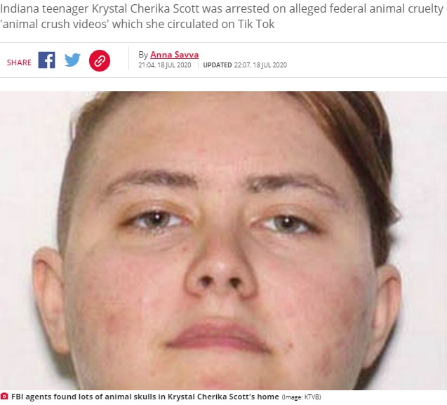 動物虐待で逮捕された19歳の女（画像は『Daily Star　2020年7月18日付「TikTok teen, 19, arrested after ‘filming herself skinning cat alive and hanging dogs’」（Image: KTVB）』のスクリーンショット）
