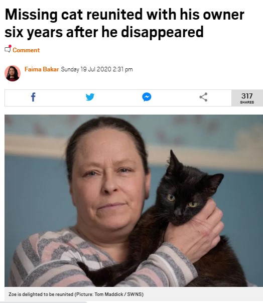 飼っていた猫と6年ぶりの再会を果たした女性（画像は『Metro　2020年7月19日付「Missing cat reunited with his owner six years after he disappeared」（Picture: Tom Maddick / SWNS）』のスクリーンショット）