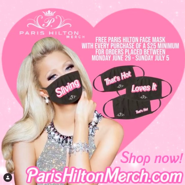 パリス・ヒルトンが展開するオリジナルマスク（画像は『Paris Hilton　2020年7月3日付Instagram「My new Summer ＃BossBabe ＠ParisHiltonMerch Collection is available now at ParisHiltonMerch.com」』のスクリーンショット）