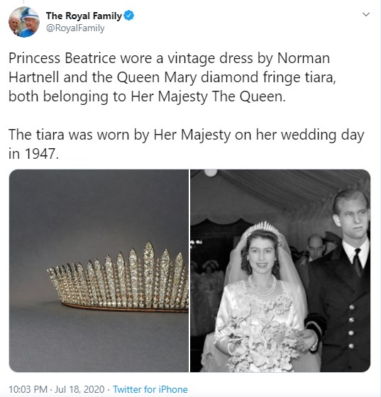 ベアトリス王女に貸し出された、エリザベス女王がウエディングで着用したティアラ（画像は『The Royal Family　2020年7月18日付Twitter「Princess Beatrice wore a vintage dress by Norman Hartnell and the Queen Mary diamond fringe tiara, both belonging to Her Majesty The Queen.」』のスクリーンショット）