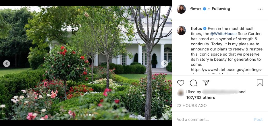 ホワイトハウスで修繕予定のバラ園（画像は『First Lady Melania Trump　2020年7月27日付Instagram「Even in the most difficult times, the ＠WhiteHouse Rose Garden has stood as a symbol of strength ＆ continuity.」』のスクリーンショット）