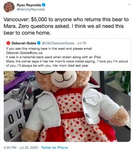 自身のTwitterで「テディベア発見者に賞金約40万円」と呼びかけ（画像は『Ryan Reynolds　2020年7月25日付Twitter「Vancouver: ＄5,000 to anyone who returns this bear to Mara.」』のスクリーンショット）