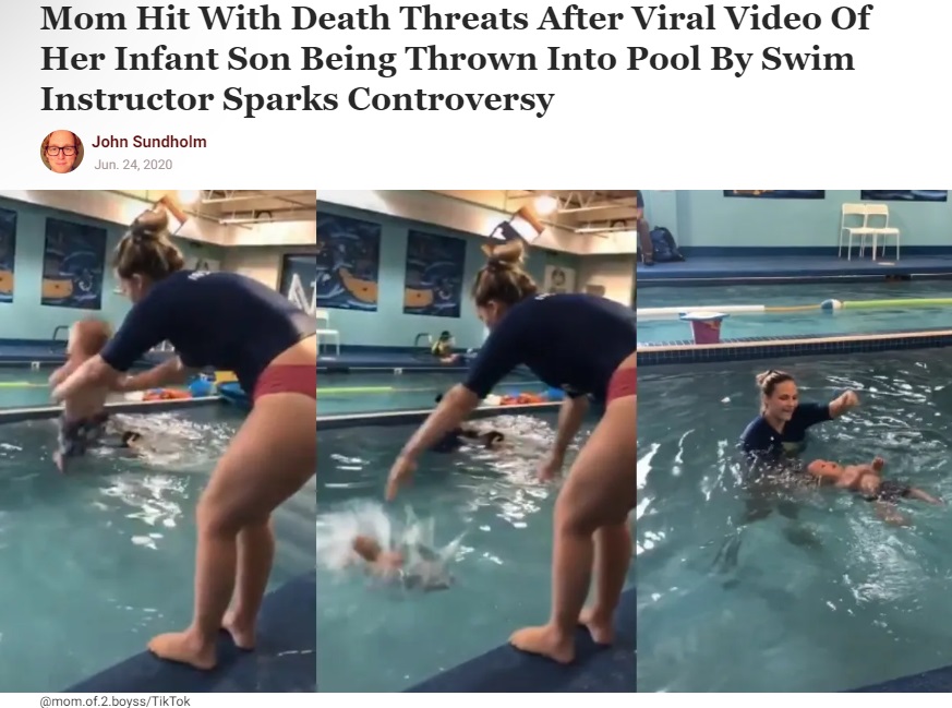 サバイバル・スイミングコースを受講中の生後8か月男児とインストラクター（画像は『comicsands　2020年6月24日付「Mom Hit With Death Threats After Viral Video Of Her Infant Son Being Thrown Into Pool By Swim Instructor Sparks Controversy」（＠mom.of.2.boyss/TikTok）』のスクリーンショット）