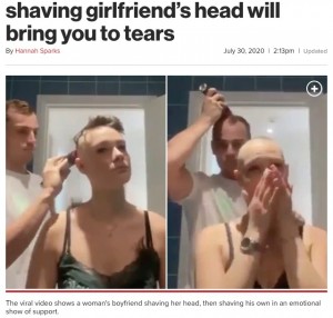 【海外発！Breaking News】脱毛症に悩む恋人の髪を剃った男性、自らも剃髪する「人間の思いやりと愛の力は無敵」（仏）＜動画あり＞