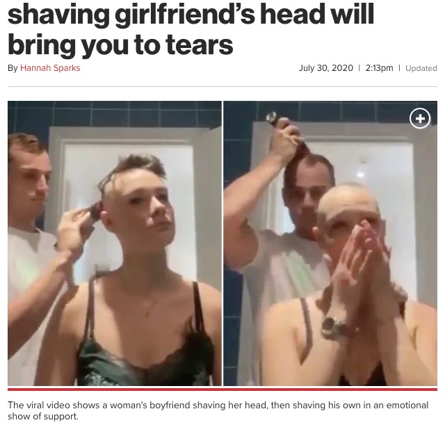 恋人の髪を剃ってあげた後、自分自身も剃髪する男性（画像は『New York Post　2020年7月30日付「Moving viral video of man shaving girlfriend’s head will bring you to tears」（Twitter）』のスクリーンショット）