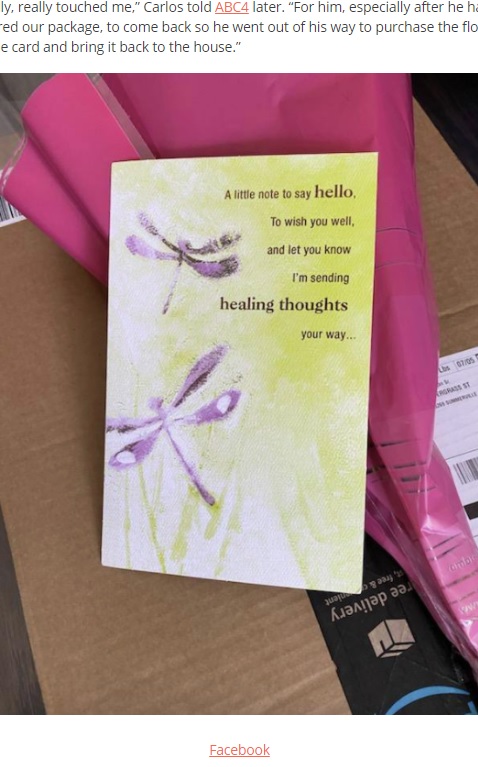 アントニオさんから届いたカード（画像は『InspireMore.com　2020年7月23日付「Cancer Patient Gets Sweetest Delivery From Caring Amazon Driver.」（Facebook）』のスクリーンショット）