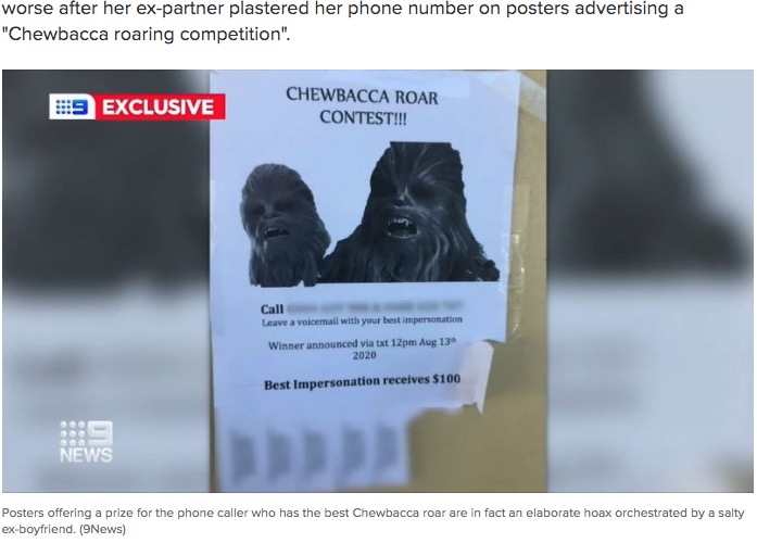 ジェシカさんの元恋人が作成したポスター（画像は『9News　2020年7月23日付「Bizarre Chewbacca revenge taken on Queensland woman over break-up」（9News）』のスクリーンショット）