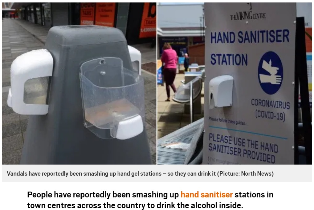 破壊された消毒剤ディスペンサー（画像は『Metro　2020年7月10日付「Vandals are smashing up hand sanitiser stations ‘to drink the alcohol inside’」（Picture: North News）』のスクリーンショット）