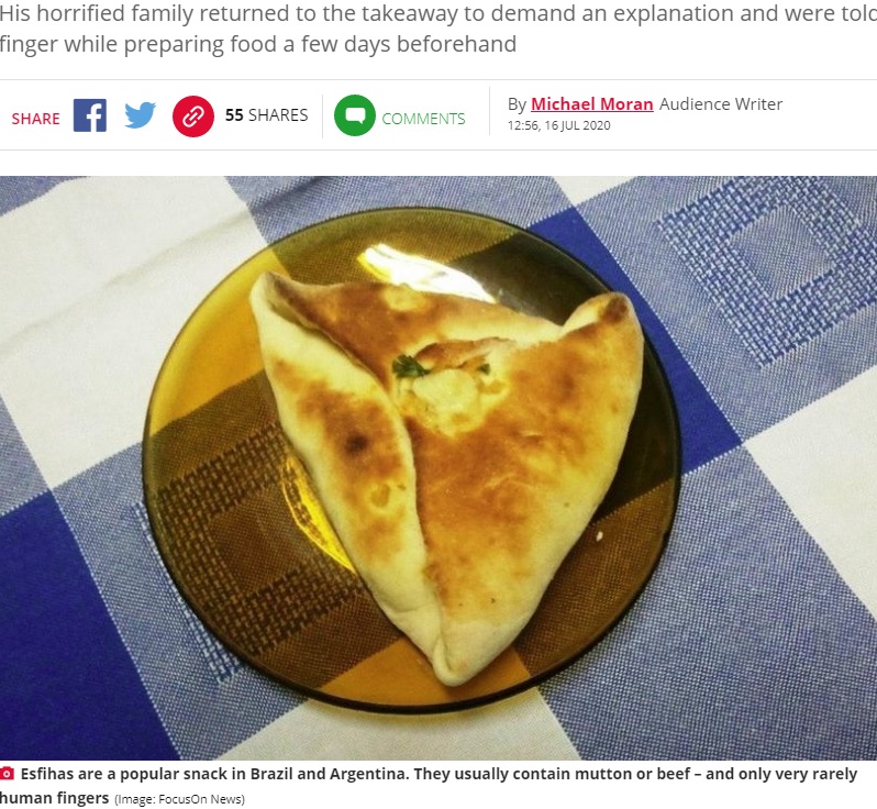 ブラジルで人気のミートパイ（画像は『Daily Star　2020年7月16日付「Shocked schoolboy bites into ‘human finger’ baked in his takeaway meat pie」（Image: FocusOn News）』のスクリーンショット）